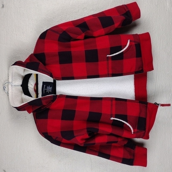 Lands' End Red Buffalo Check Fleece Lined Hooded Long Sleeve Zip Up Winter Coat - Picture 5 of 12